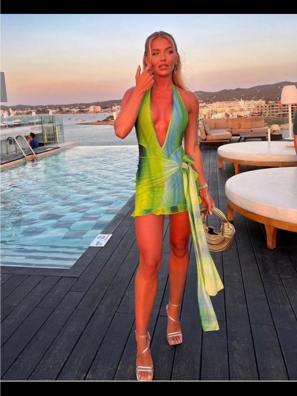 Plunging Halter Mini Dress in Lime & Teal
